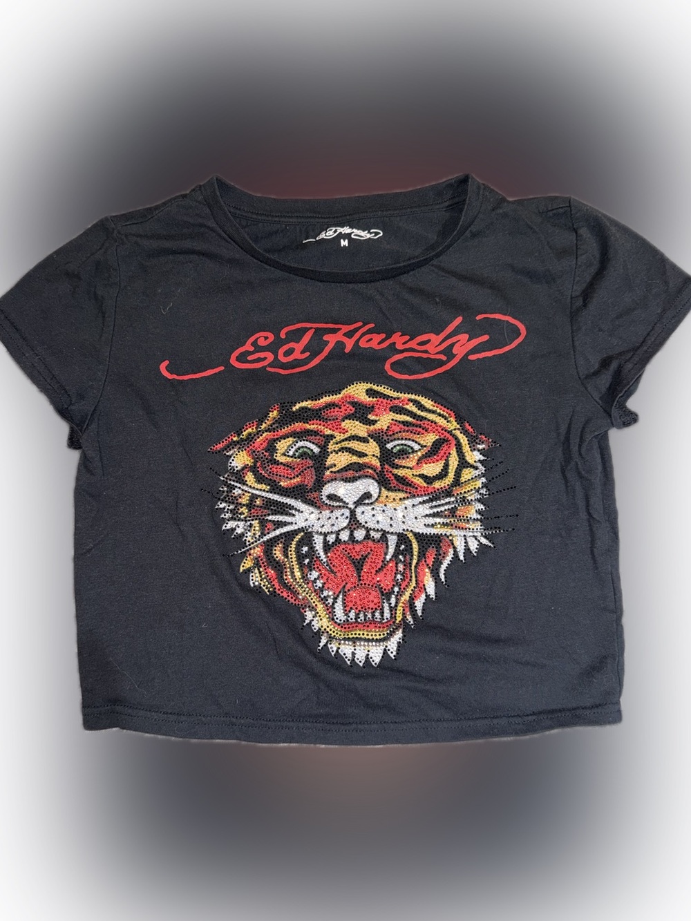 Ed Hardy Black Crop Top with Red & Yellow Tiger Graphic